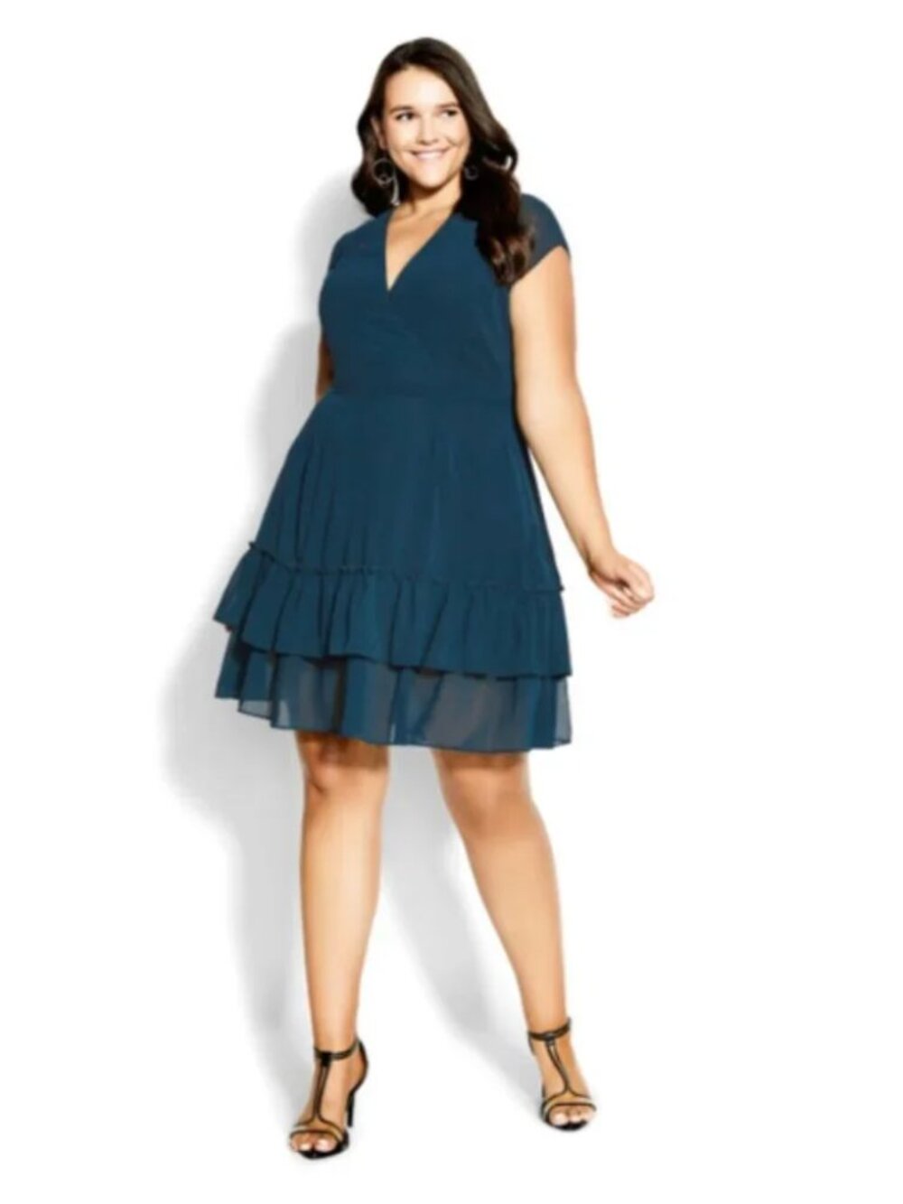 City Chic Dreamy Flirt Dress - Alpine Green Short Sleeve Tiered - 18 Plus